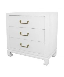 Worlds Away Three Drawer Chest With Brass Hardware In White Lacquered Basketweave Grasscloth LIVING ROOM