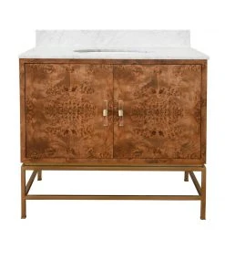 LIVING ROOM Worlds Away Bath Vanity In Matte Dark Burl Wood And Antique Brass With White Marble Top And Porcelain Sink