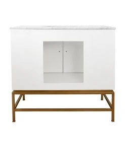 Worlds Away Bath Vanity In Matte White Lacquer And Antique Brass With White Marble Top And Porcelain Sink LIVING ROOM