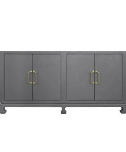 Worlds Away Four Door Buffet With Brass Hardware In Grey Lacquered Basketweave Grasscloth BEDROOM