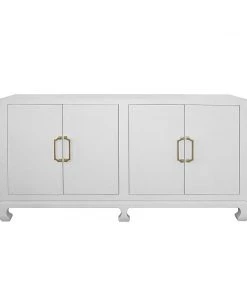 Worlds Away Four Door Buffet With Brass Hardware In White Lacquered Basketweave Grasscloth BEDROOM