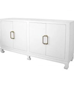 Worlds Away Four Door Buffet With Brass Hardware In White Lacquered Basketweave Grasscloth BEDROOM