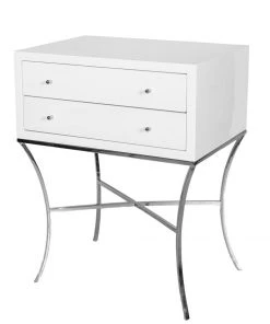 Worlds Away Two Drwr Side Table In White Lacq. With Nickel Base