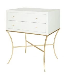 Worlds Away Two Drwr Side Table In White Lacq. With Gold Leaf Base LIVING ROOM