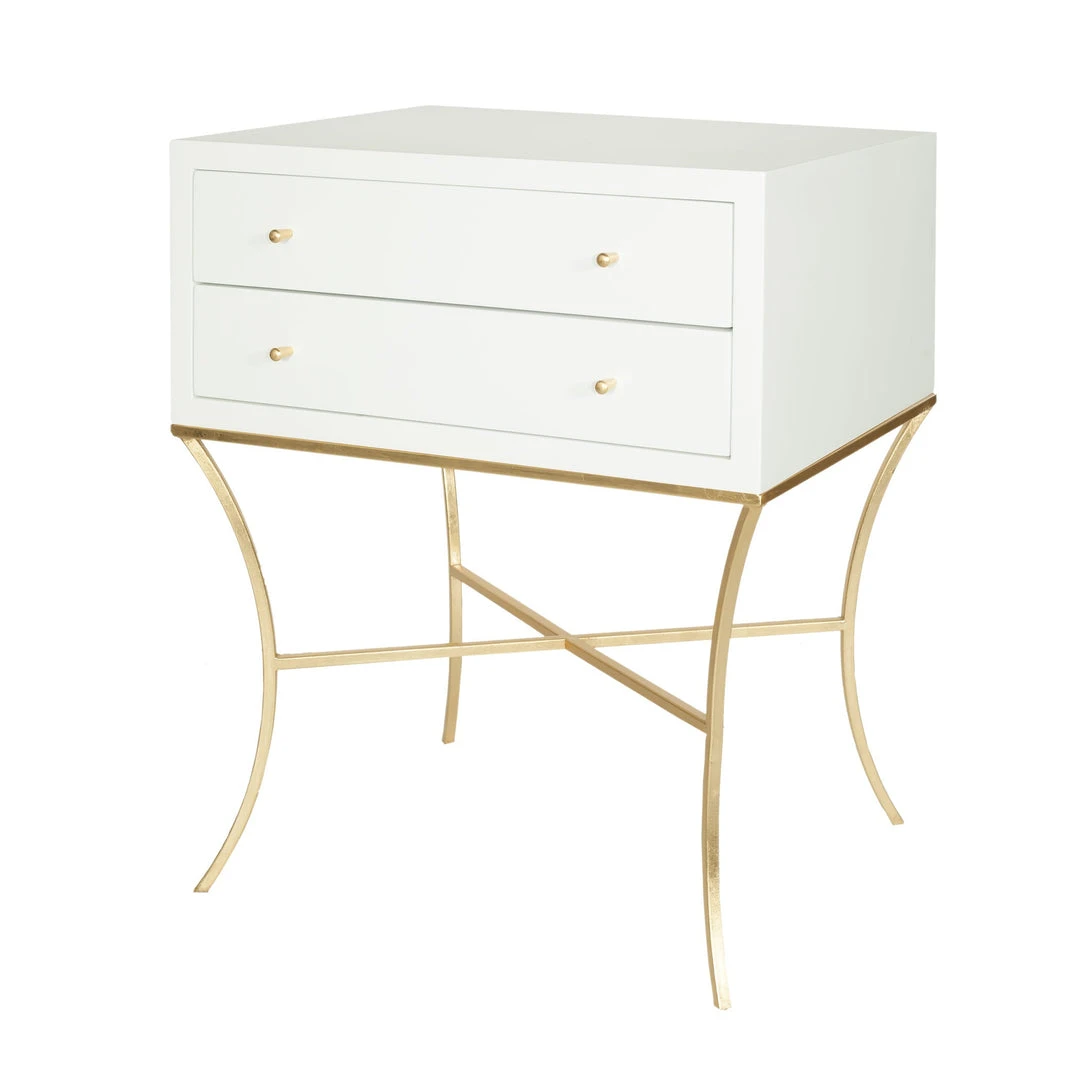 Worlds Away Two Drwr Side Table In White Lacq. With Gold Leaf Base LIVING ROOM 3 Worlds Away Two Drwr Side Table In White Lacq. With Gold Leaf Base LIVING ROOM