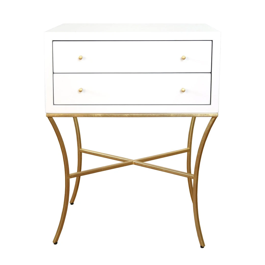 Worlds Away Two Drwr Side Table In White Lacq. With Gold Leaf Base LIVING ROOM 4 Worlds Away Two Drwr Side Table In White Lacq. With Gold Leaf Base LIVING ROOM