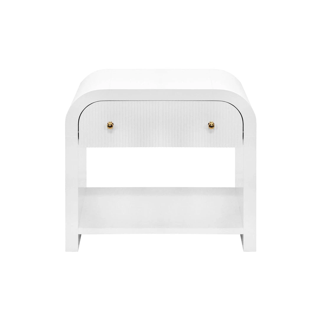 Worlds Away Waterfall Edge Side Table With Fluted Drawer Front In White Lacquer Side & End Tables 3 Worlds Away Waterfall Edge Side Table With Fluted Drawer Front In White Lacquer Side & End Tables