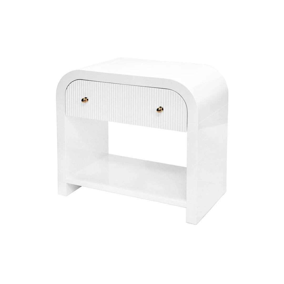 Worlds Away Waterfall Edge Side Table With Fluted Drawer Front In White Lacquer Side & End Tables 4 Worlds Away Waterfall Edge Side Table With Fluted Drawer Front In White Lacquer Side & End Tables
