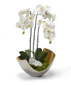 T&C Floral Company Orchids In Two Tone Metal With Geode - White