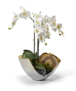 DECOR T&C Floral Company Orchids In Two Tone Metal/Agate Slabs- White