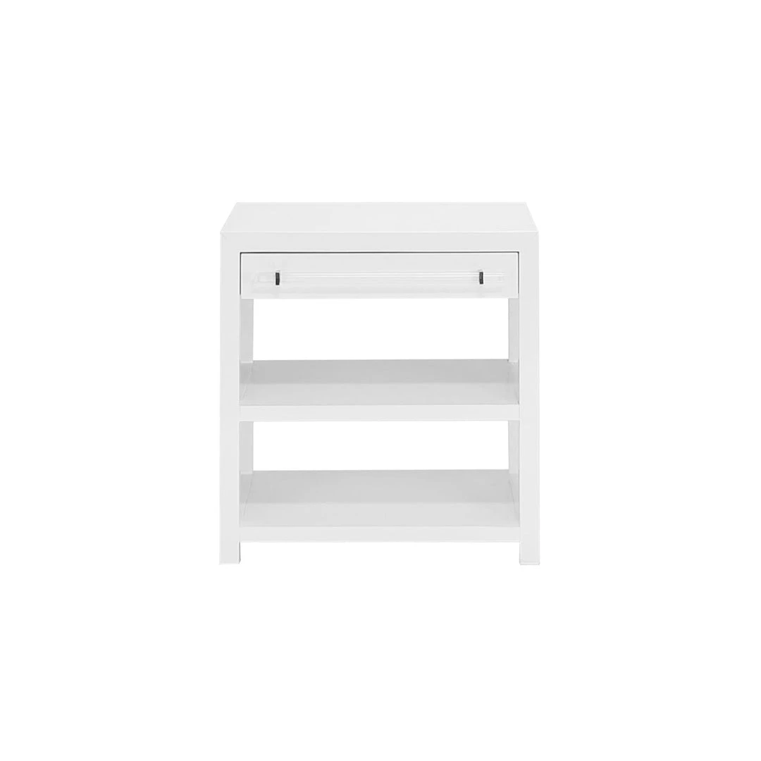 Worlds Away Side Table W. Acrylic & Nickel Hardware In White Lacquer 3 Worlds Away Side Table W. Acrylic & Nickel Hardware In White Lacquer