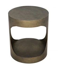Noir Eclipse Round Side Table, Metal With Aged Brass Finish