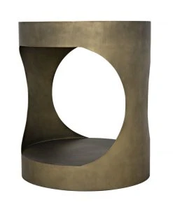 Noir Eclipse Round Side Table, Metal With Aged Brass Finish