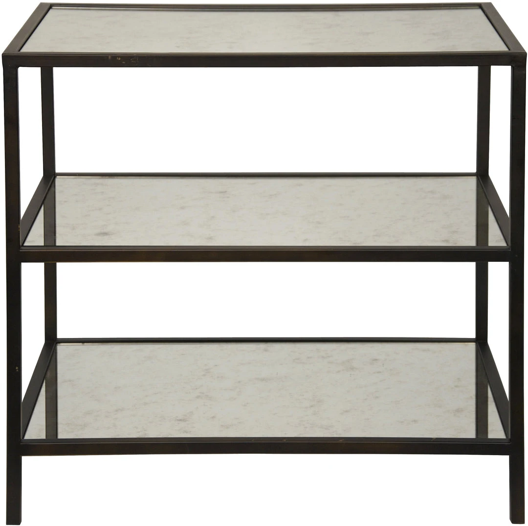 Noir 3 Tier Side Table With Antiqued Mirror, Black Metal 3 Noir 3 Tier Side Table With Antiqued Mirror, Black Metal