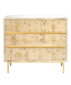 Worlds Away Burlwood 3 Drawer Chest W Gold Lf Hardware & Base BEDROOM