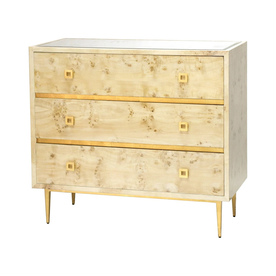 Worlds Away Burlwood 3 Drawer Chest W Gold Lf Hardware & Base BEDROOM 4 Worlds Away Burlwood 3 Drawer Chest W Gold Lf Hardware & Base BEDROOM