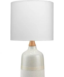 Jamie Young Alice Table Lamp In Cream & Light Blue Ceramic With Drum Shade In White Linen