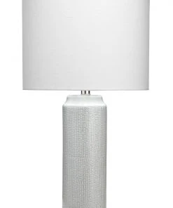 Jamie Young Bella Table Lamp In Light Blue Patterned Ceramic With Drum Shade In White Linen