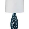Jamie Young Filigree Table Lamp In Navy Blue Ceramic With Cone Shade In White Linen Table Lamps