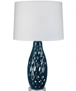 Jamie Young Filigree Table Lamp In Navy Blue Ceramic With Cone Shade In White Linen Table Lamps