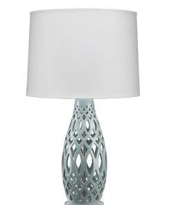 Jamie Young Filigree Table Lamp In Pale Blue Ceramic With Cone Shade In White Linen Table Lamps