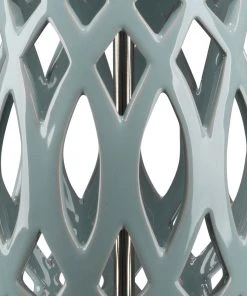 Jamie Young Filigree Table Lamp In Pale Blue Ceramic With Cone Shade In White Linen Table Lamps