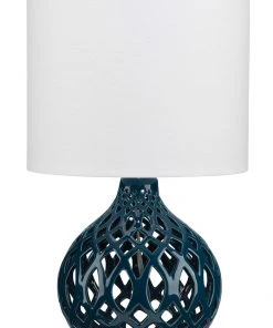 Table Lamps Jamie Young Fretwork Table Lamp In Navy Blue Ceramic With Drum Shade In White Linen