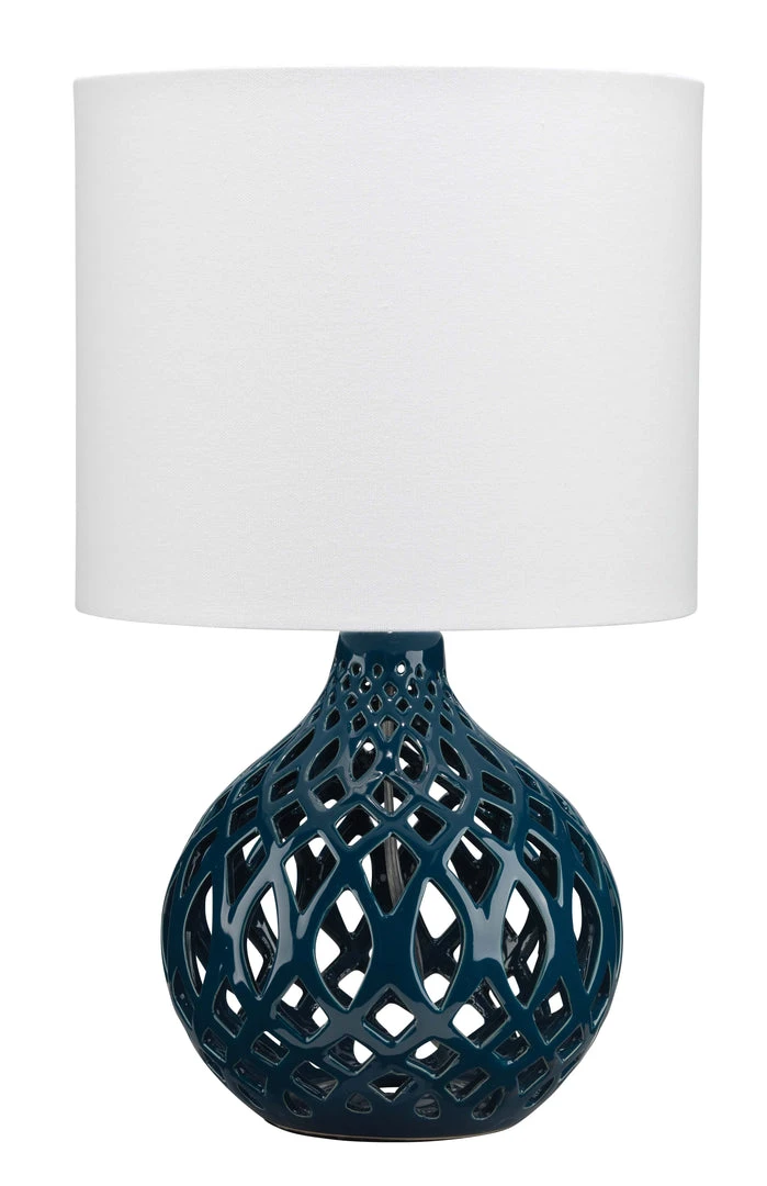 Table Lamps Jamie Young Fretwork Table Lamp In Navy Blue Ceramic With Drum Shade In White Linen 3 Table Lamps Jamie Young Fretwork Table Lamp In Navy Blue Ceramic With Drum Shade In White Linen