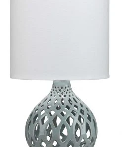 Table Lamps Jamie Young Fretwork Table Lamp In Pale Blue Ceramic With Drum Shade In White Linen