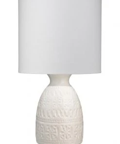 Jamie Young Frieze Table Lamp In White Ceramic With Drum Shade In White Linen