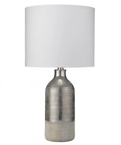 Jamie Young Varnish Table Lamp In Silvered Taupe & Off-White Ceramic With Drum Shade In White Linen Table Lamps