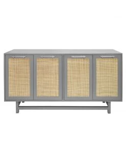 Worlds Away Four Door Cabinet With Cane Door Fronts And Nickel Hardware In Matte Grey Lacquer BEDROOM