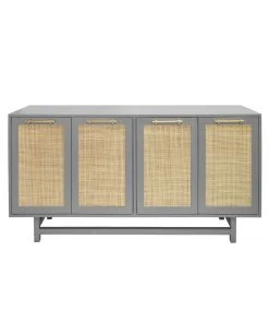 BEDROOM Worlds Away Four Door Cabinet With Cane Door Fronts And Brass Hardware In Matte Grey Lacquer