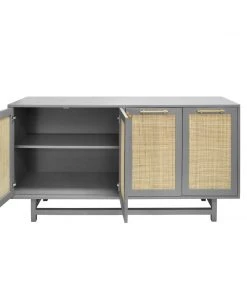 BEDROOM Worlds Away Four Door Cabinet With Cane Door Fronts And Brass Hardware In Matte Grey Lacquer