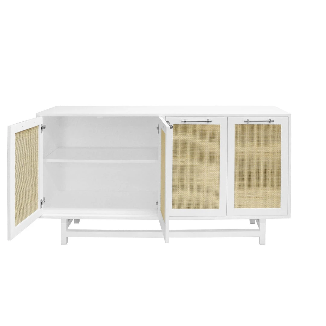 BEDROOM Worlds Away Four Door Cabinet With Cane Door Fronts And Nickel Hardware In Matte White Lacquer 4 BEDROOM Worlds Away Four Door Cabinet With Cane Door Fronts And Nickel Hardware In Matte White Lacquer