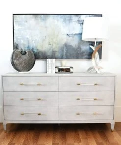 Worlds Away Six Drawer Chest In Light Grey Shagreen With Antique Brass And Acrylic Hardware BEDROOM 7 Worlds Away Six Drawer Chest In Light Grey Shagreen With Antique Brass And Acrylic Hardware BEDROOM