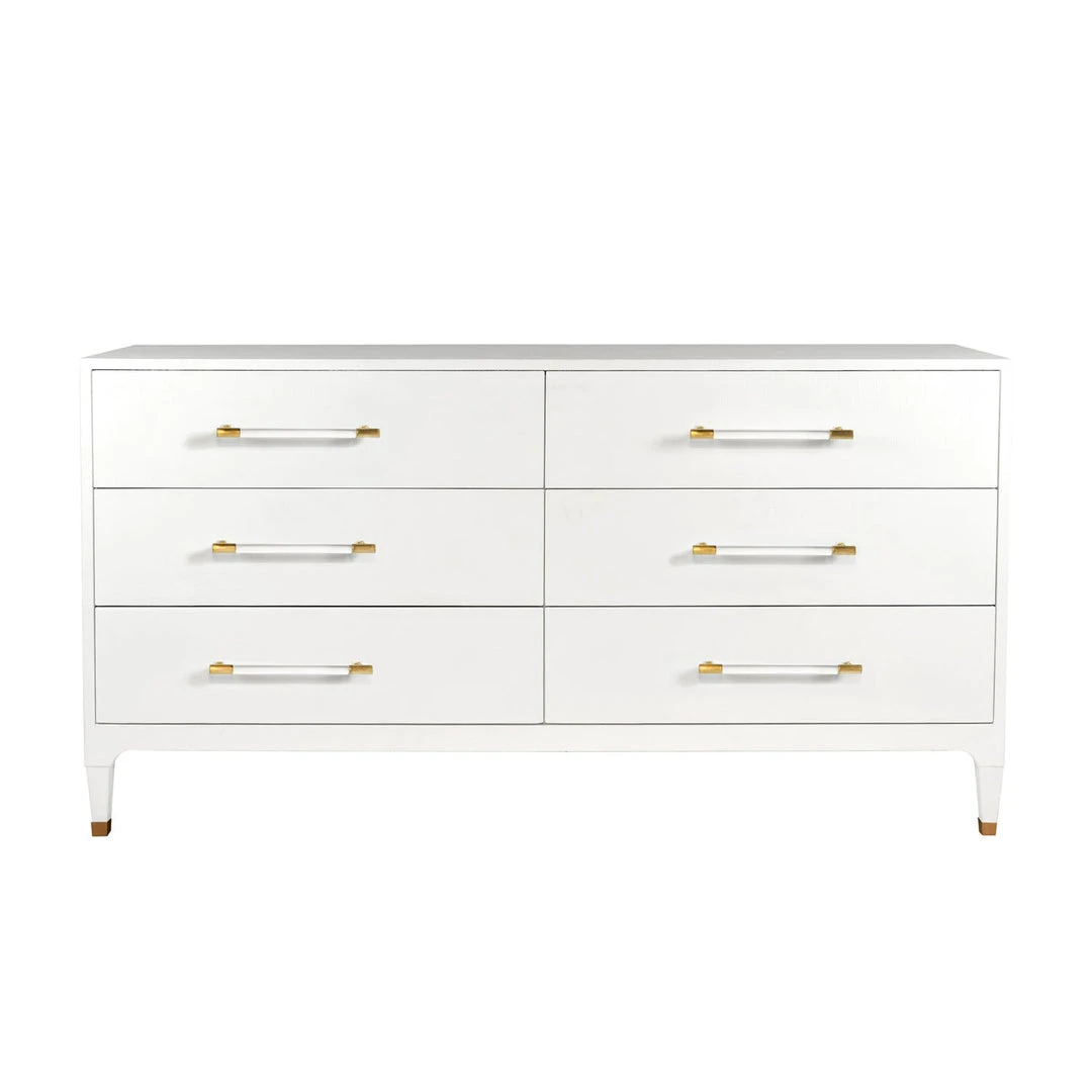 Worlds Away Six Drawer Chest In Textured White Linen With Antique Brass And Acrylic Hardware BEDROOM 3 Worlds Away Six Drawer Chest In Textured White Linen With Antique Brass And Acrylic Hardware BEDROOM