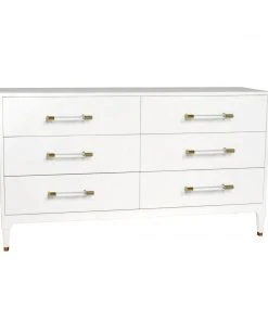Worlds Away Six Drawer Chest In Textured White Linen With Antique Brass And Acrylic Hardware BEDROOM