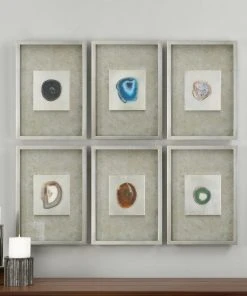 DECOR Uttermost Agate Stone Silver Wall Art S/6