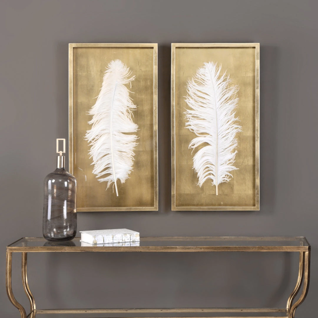 DECOR Uttermost White Feathers Gold Shadow Box S/2 4 DECOR Uttermost White Feathers Gold Shadow Box S/2