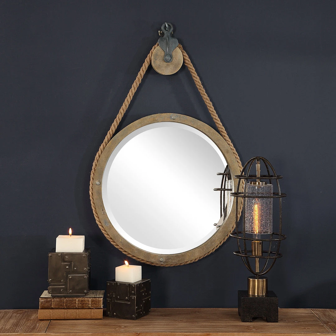 DECOR Uttermost Melton Round Pulley Mirror 4 DECOR Uttermost Melton Round Pulley Mirror
