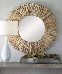 DECOR Uttermost Teak Branch Bleached Round Mirror