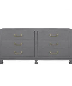 Worlds Away Six Drawer Chest With Brass Hardware In Grey Lacquered Basketweave Grasscloth BEDROOM