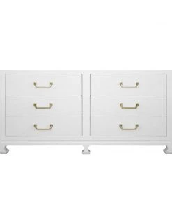 BEDROOM Worlds Away Six Drawer Chest With Brass Hardware In White Lacquered Basketweave Grasscloth