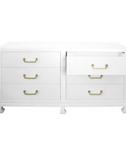 BEDROOM Worlds Away Six Drawer Chest With Brass Hardware In White Lacquered Basketweave Grasscloth
