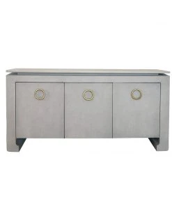 Worlds Away Three Door Buffet In Grey Grasscloth With Antique Brass Hardware