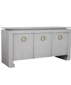 Worlds Away Three Door Buffet In Grey Grasscloth With Antique Brass Hardware