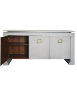 Worlds Away Three Door Buffet In Grey Grasscloth With Antique Brass Hardware